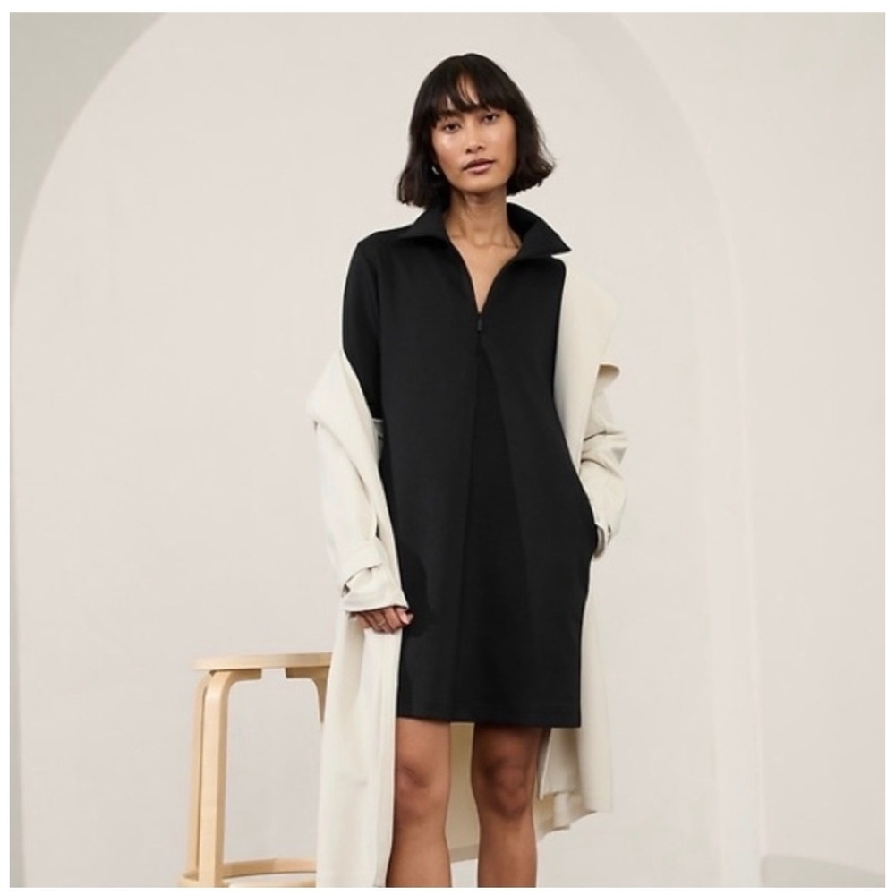 Athleta Allure 1/4 Zip Dress Black Long Sleeve Mini Dress Pockets Womens M